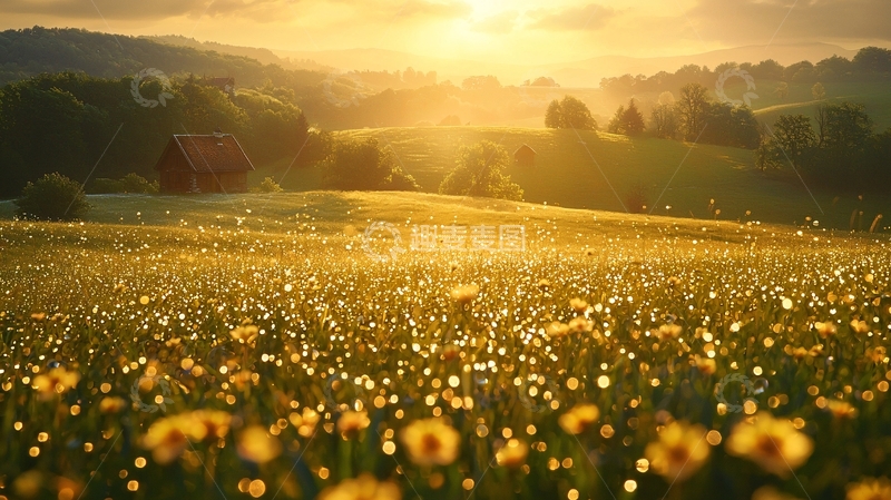 高清大图下载【趣麦麦图】金色的花田日出景色
