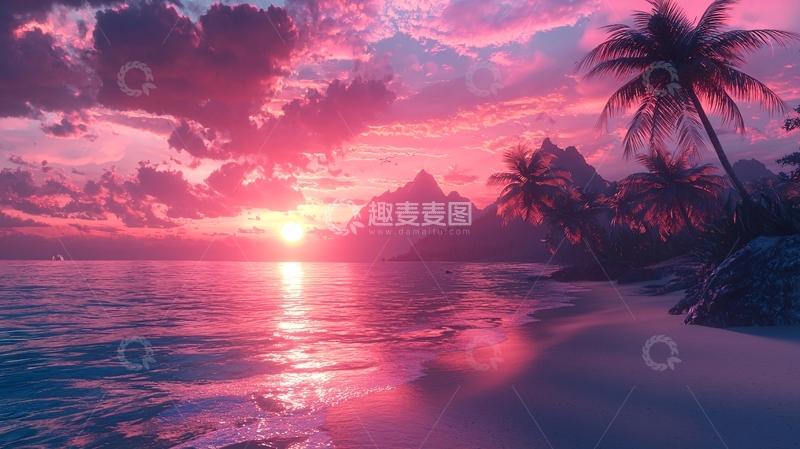 高清大图下载【趣麦麦图】粉色系海滩落日