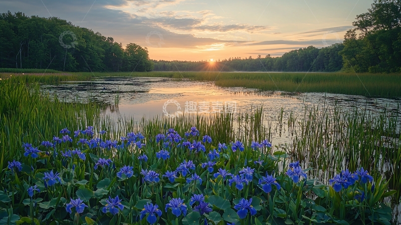 高清大图下载【趣麦麦图】日出湖边野花盛开