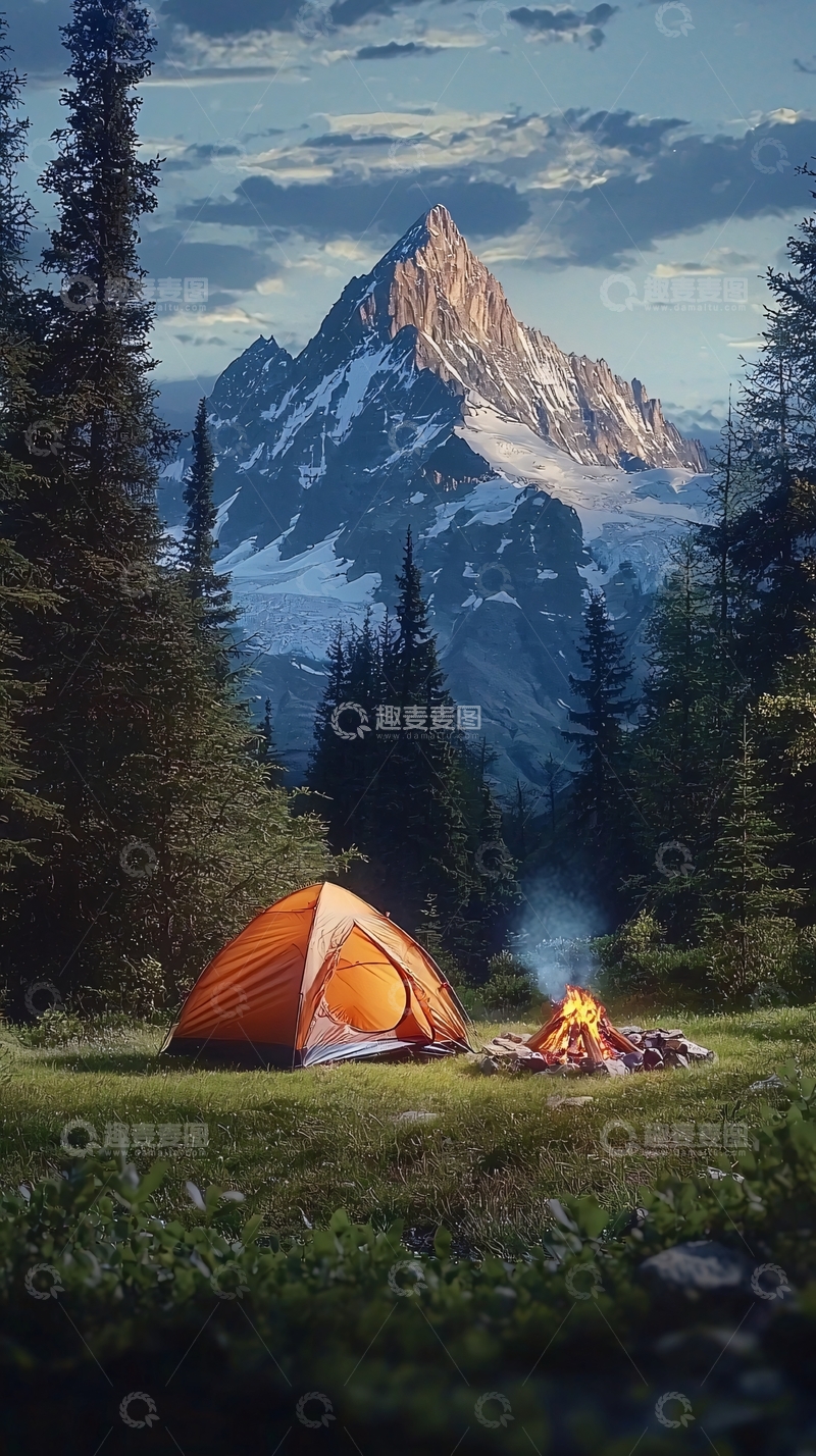 高清大图下载【趣麦麦图】山峰下的橙色帐篷