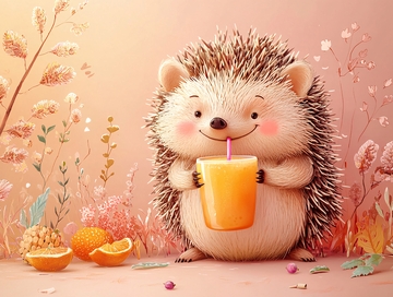喝果汁的可爱刺猬