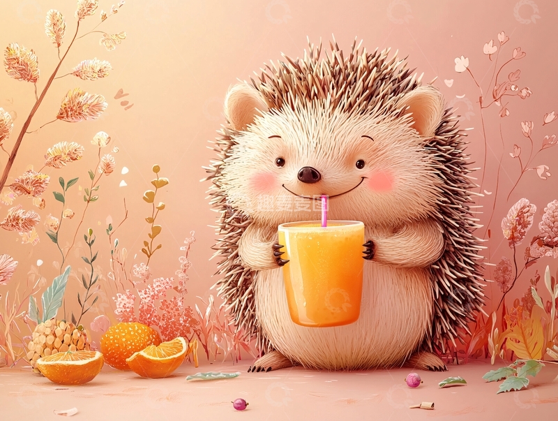 高清大图下载【趣麦麦图】喝果汁的可爱刺猬