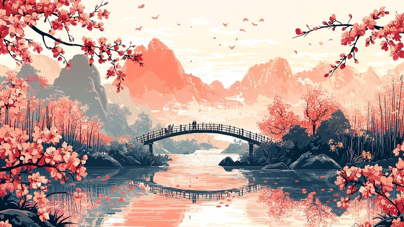 高清大图下载【趣麦麦图】唯美意境樱花山水画