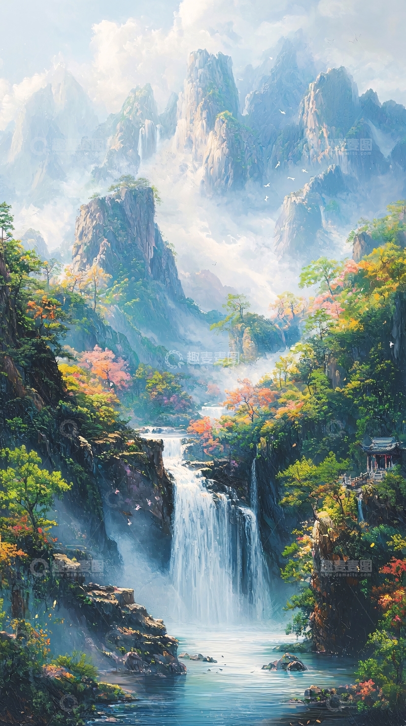 高清大图下载【趣麦麦图】仙境瀑布山峰秋色