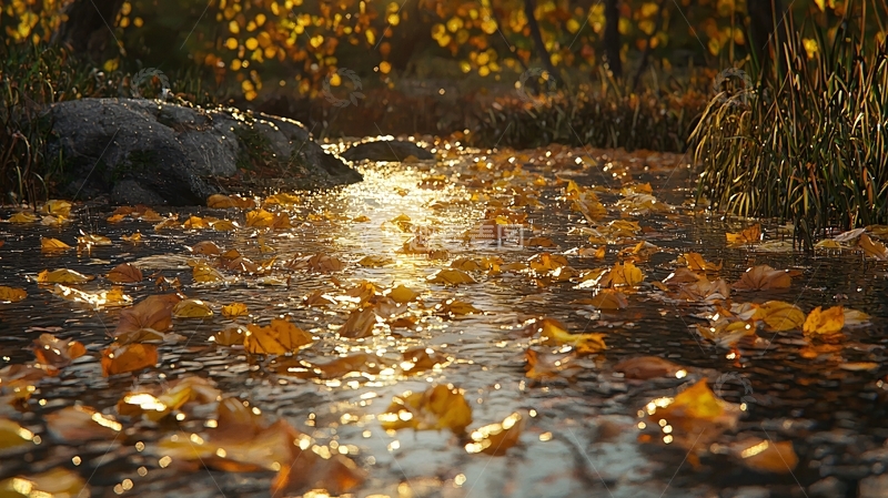 高清大图下载【趣麦麦图】秋日小溪落叶