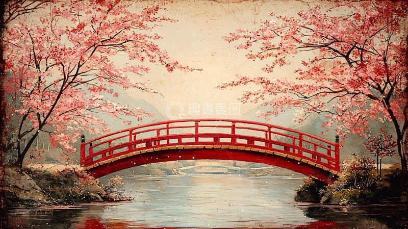 高清大图下载【趣麦麦图】红桥樱花古画