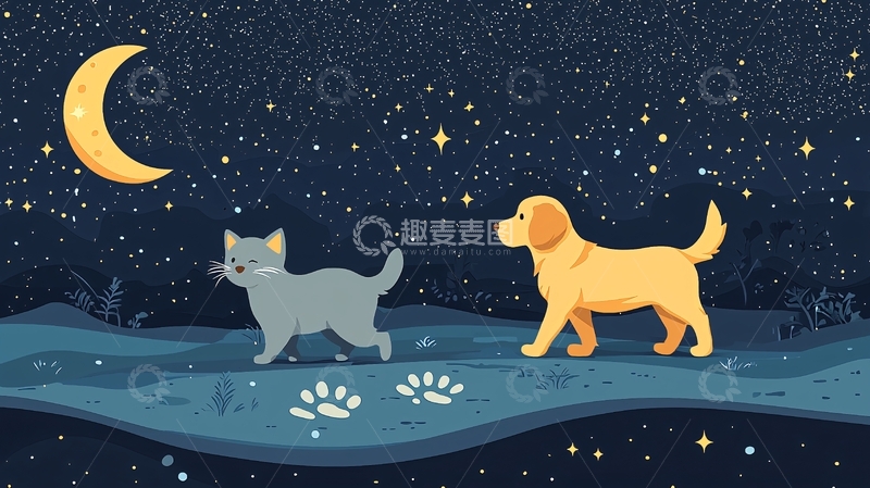 高清大图下载【趣麦麦图】猫咪狗狗夜晚星空