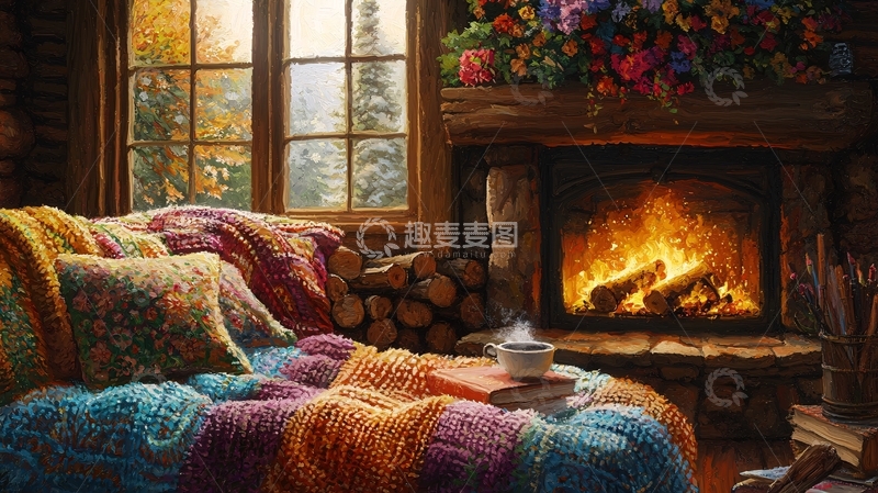 高清大图下载【趣麦麦图】温暖舒适的木屋壁炉场景