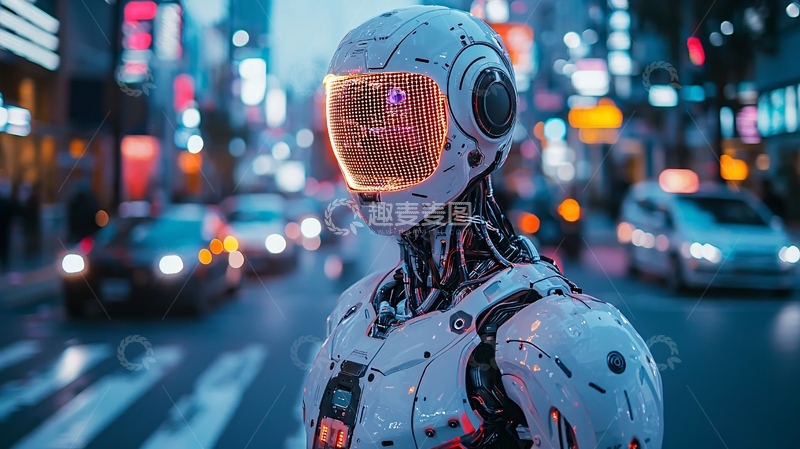 高清大图下载【趣麦麦图】未来感机器人行走在城市夜景中