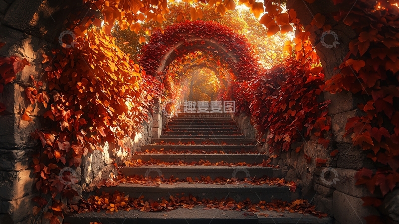 高清大图下载【趣麦麦图】秋叶拱门通道