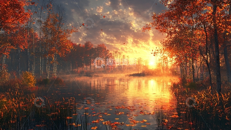 高清大图下载【趣麦麦图】秋日落日湖边红叶