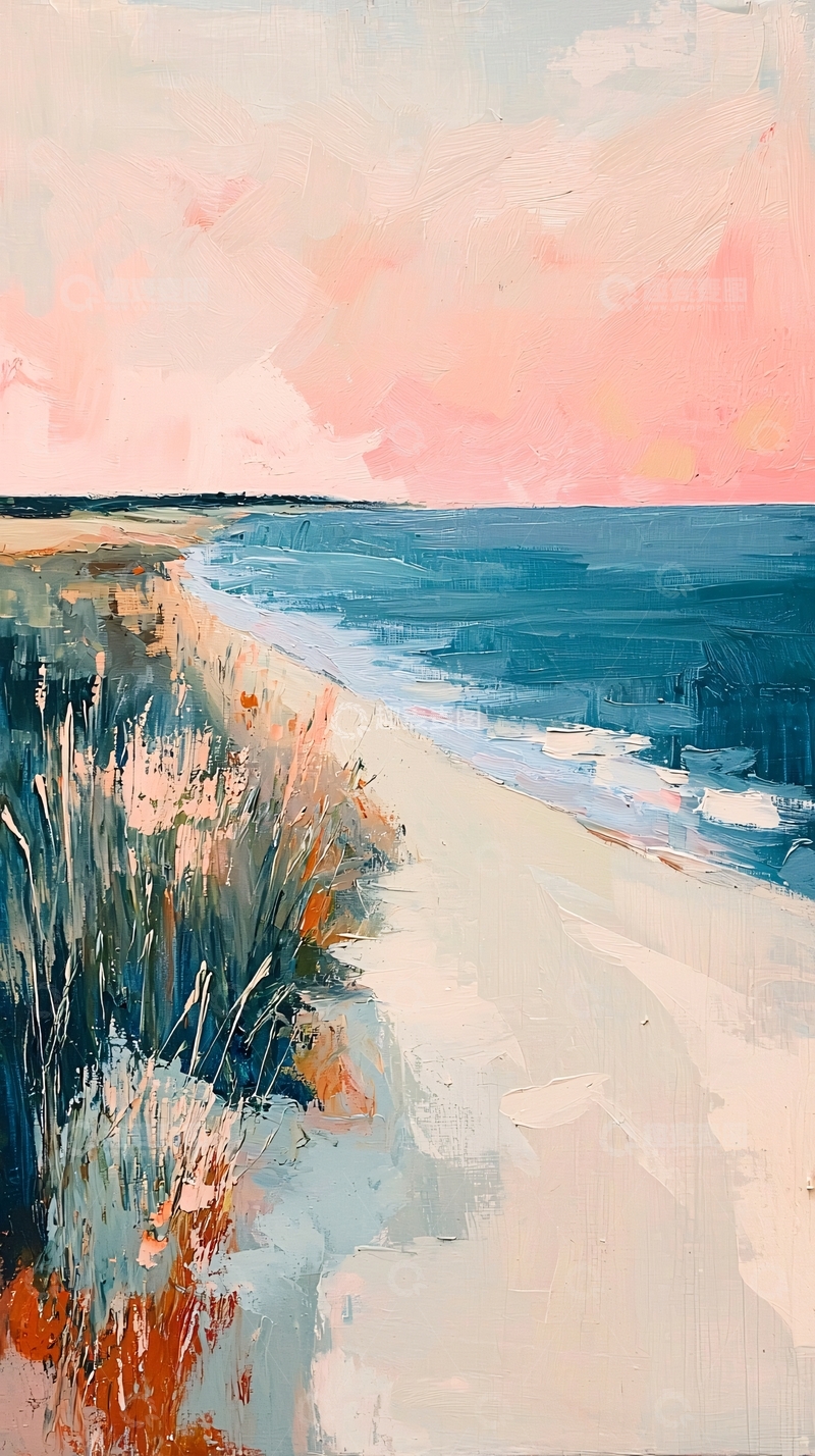 高清大图下载【趣麦麦图】海边日落的油画风格风景