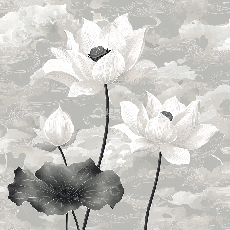 高清大图下载【趣麦麦图】水墨风格的白色莲花
