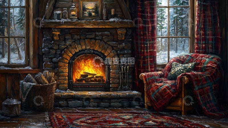 高清大图下载【趣麦麦图】温暖舒适的壁炉小屋