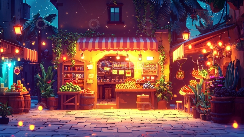 高清大图下载【趣麦麦图】夜晚小镇商店