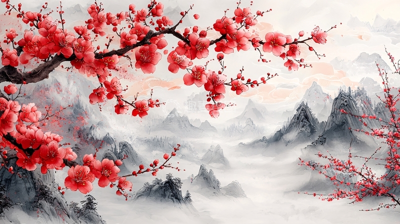 高清大图下载【趣麦麦图】水墨山水红梅图