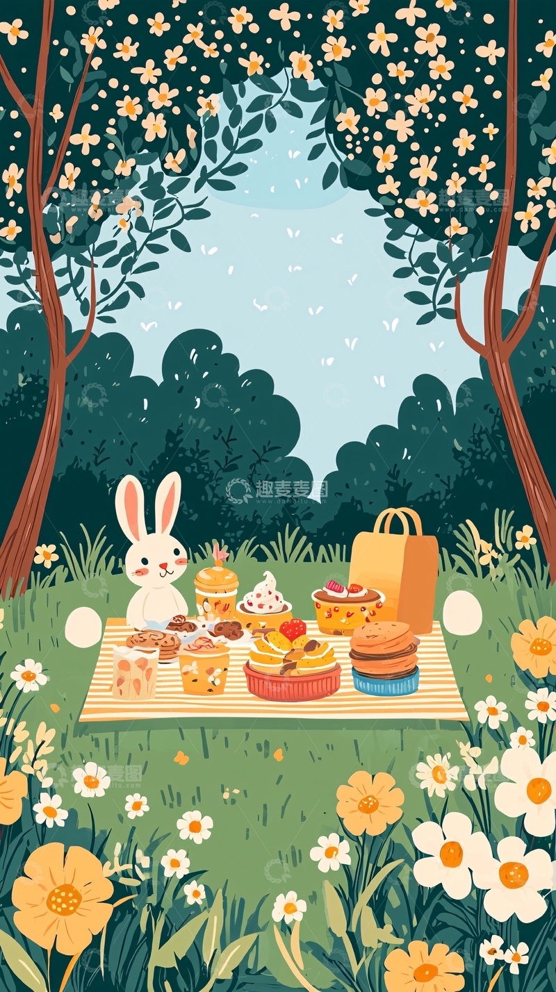 高清大图下载【趣麦麦图】春日野餐兔子
