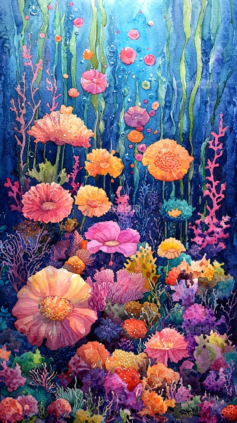 高清大图下载【趣麦麦图】水彩海底花园盛开