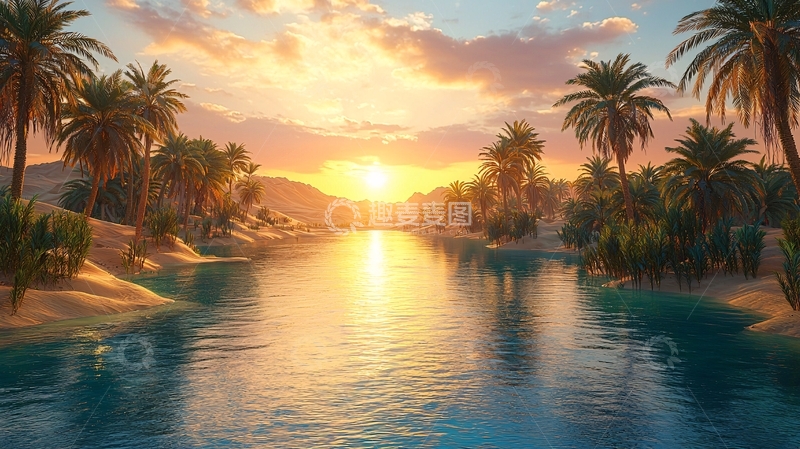 高清大图下载【趣麦麦图】沙漠绿洲日落