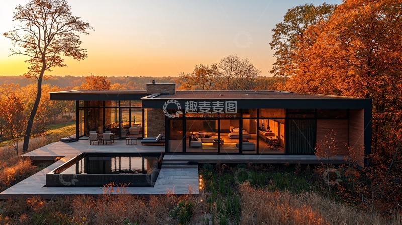 高清大图下载【趣麦麦图】秋日傍晚现代别墅