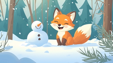 冬日森林里的小狐狸和雪人