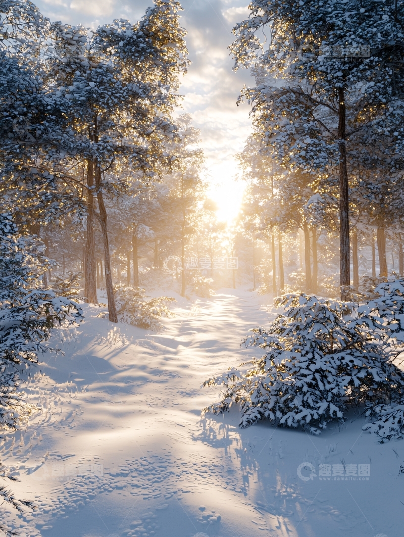 高清大图下载【趣麦麦图】雪地森林阳光穿透