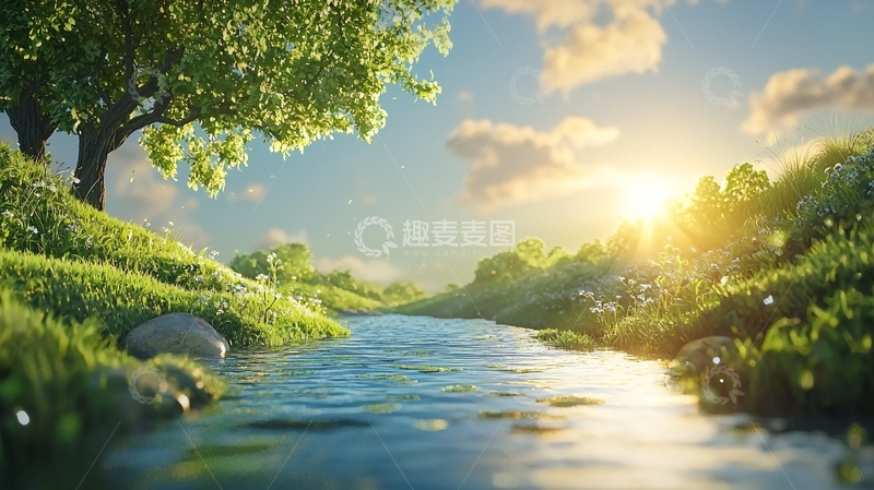 高清大图下载【趣麦麦图】阳光下的绿树成荫小溪