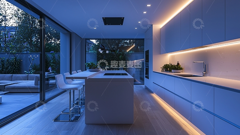 高清大图下载【趣麦麦图】现代简约厨房夜景