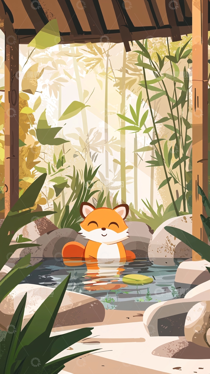 高清大图下载【趣麦麦图】卡通狐狸温泉