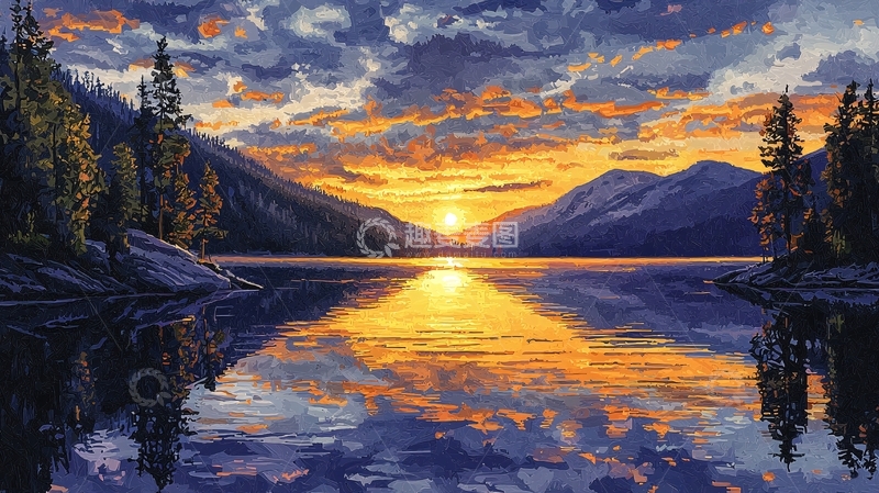 高清大图下载【趣麦麦图】山湖日落风景画