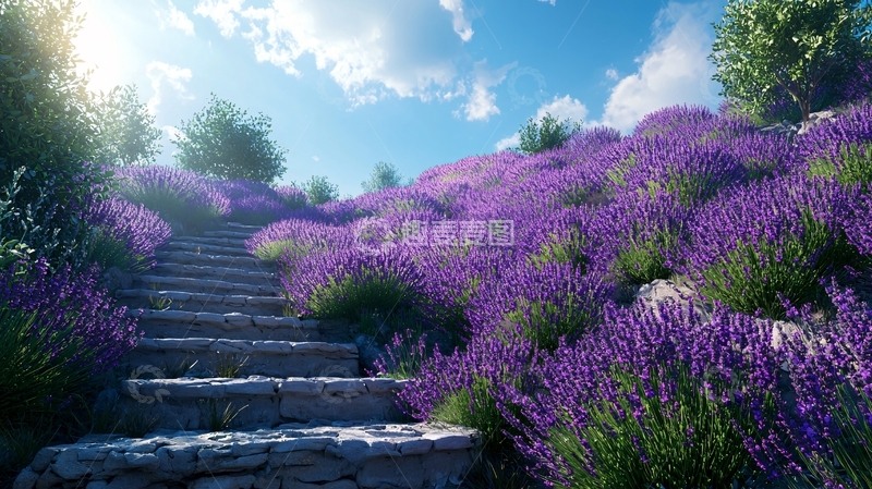 高清大图下载【趣麦麦图】薰衣草花田阶梯