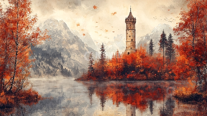 高清大图下载【趣麦麦图】秋日湖边古塔风景