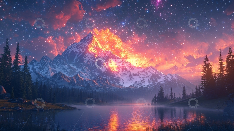 高清大图下载【趣麦麦图】燃烧的雪山星空