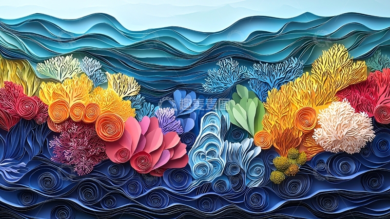 高清大图下载【趣麦麦图】海洋珊瑚礁手工纸艺插画