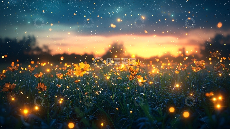高清大图下载【趣麦麦图】萤火虫花海星空日落