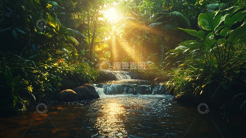 高清大图下载【趣麦麦图】热带雨林清晨阳光溪流