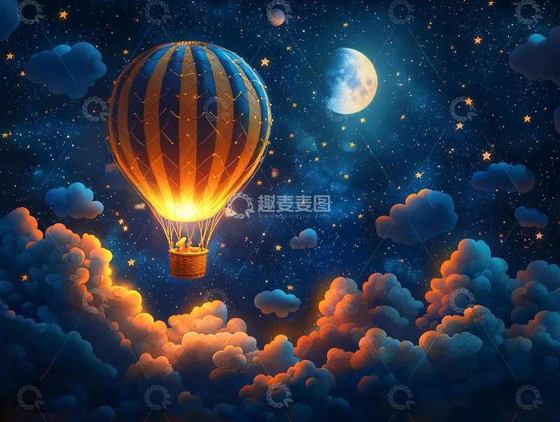 高清大图下载【趣麦麦图】夜空中热气球