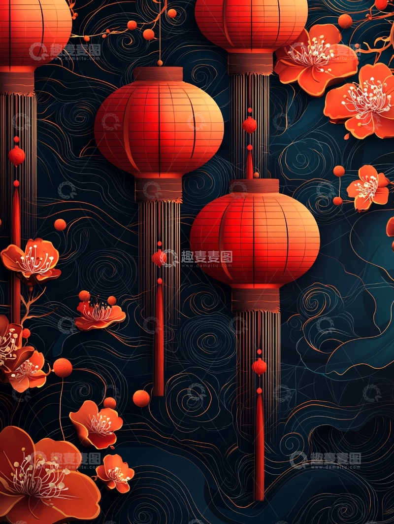 高清大图下载【趣麦麦图】红色灯笼与梅花图案