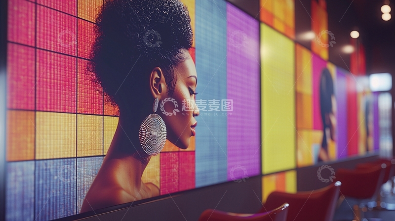 高清大图下载【趣麦麦图】彩色瓷砖背景下的黑人女性肖像