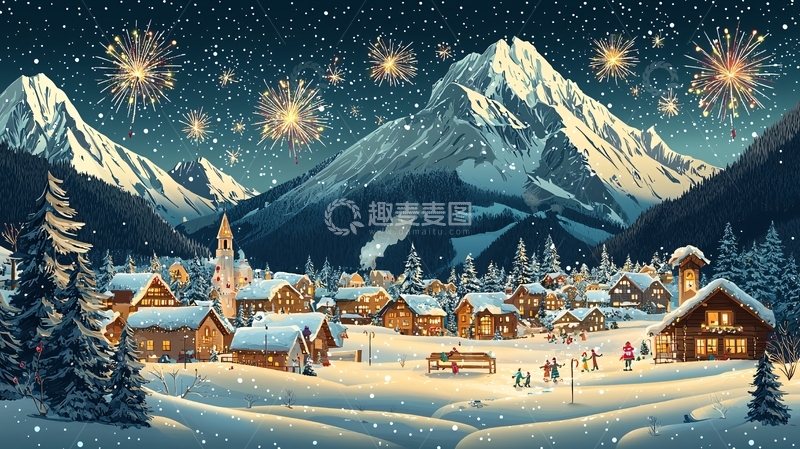 高清大图下载【趣麦麦图】雪山小镇新年烟火