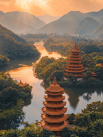 夕阳下的双塔河流景色