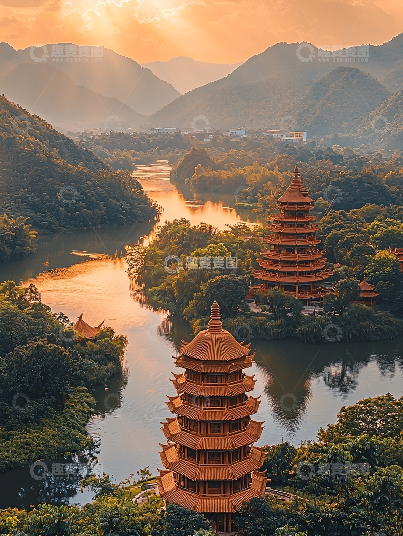 高清大图下载【趣麦麦图】夕阳下的双塔河流景色