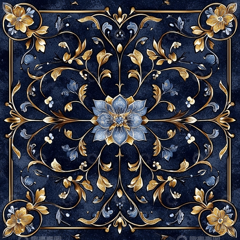 高清大图下载【趣麦麦图】深蓝色金色花卉纹理图案