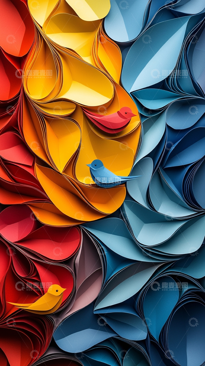 高清大图下载【趣麦麦图】彩色纸片鸟