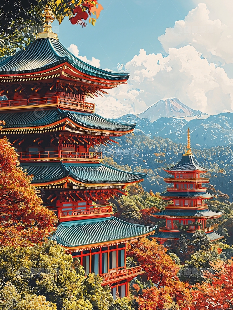 高清大图下载【趣麦麦图】富士山红叶寺庙