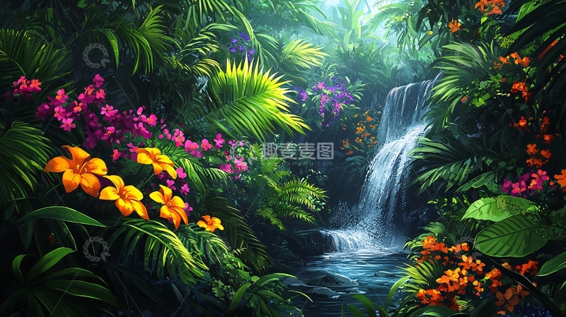 高清大图下载【趣麦麦图】热带雨林瀑布花朵