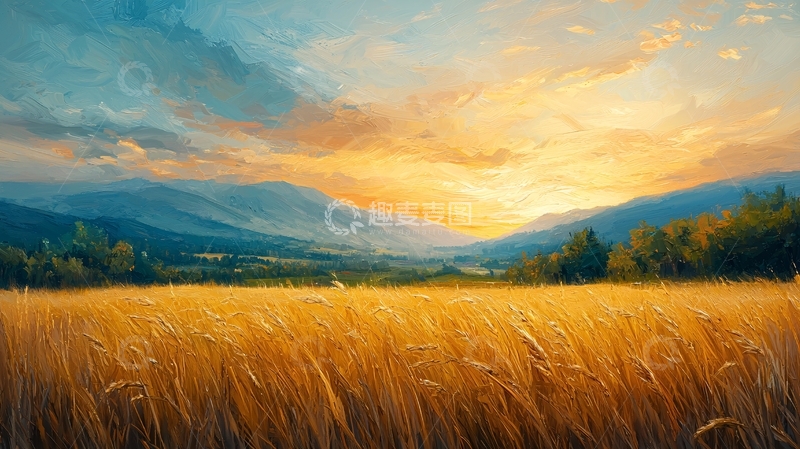 高清大图下载【趣麦麦图】金黄麦田夕阳景色