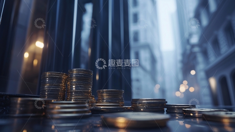 高清大图下载【趣麦麦图】城市背景下的金币堆