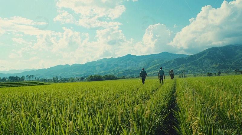 高清大图下载【趣麦麦图】三人同行稻田远山