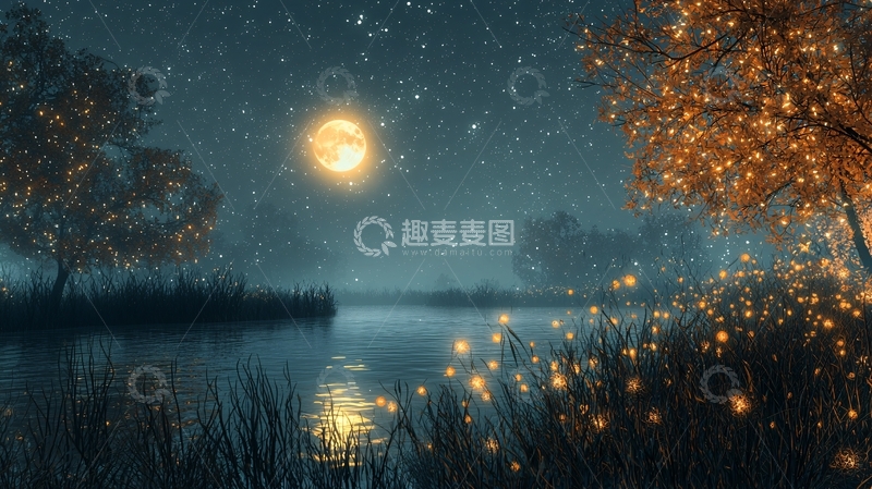 高清大图下载【趣麦麦图】梦幻月光湖泊夜景